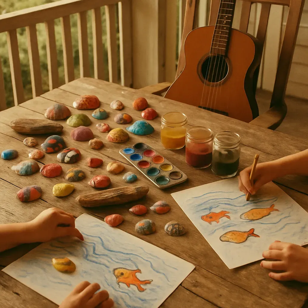 A craft table with painted seashells, watercolours and a ukulele