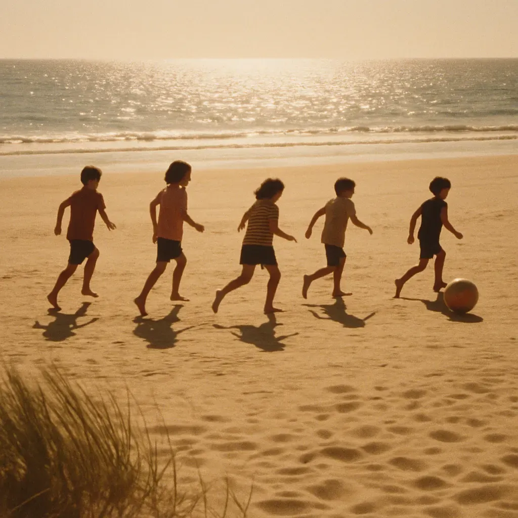 Children playing ball games on a wide golden beach in late afternoon light
