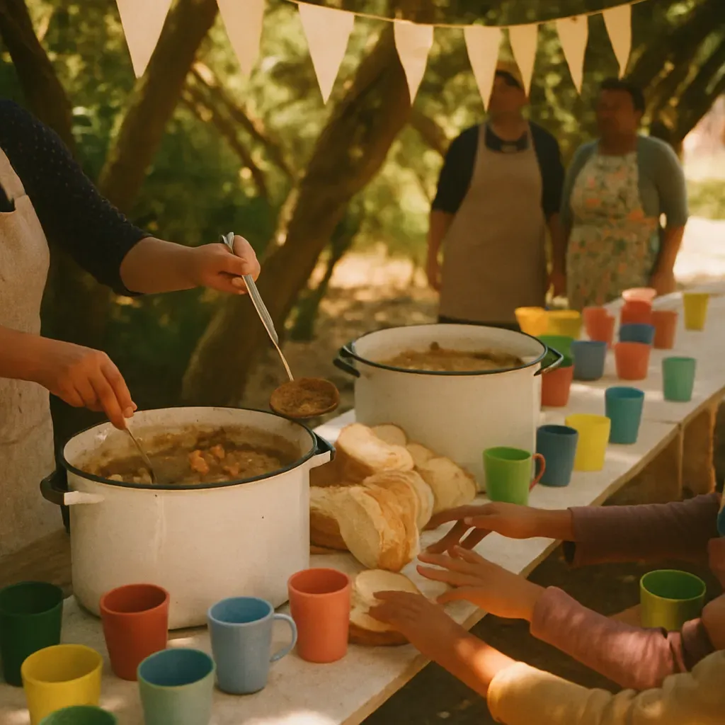 A long outdoor table under trees, set for a community food day with bunting