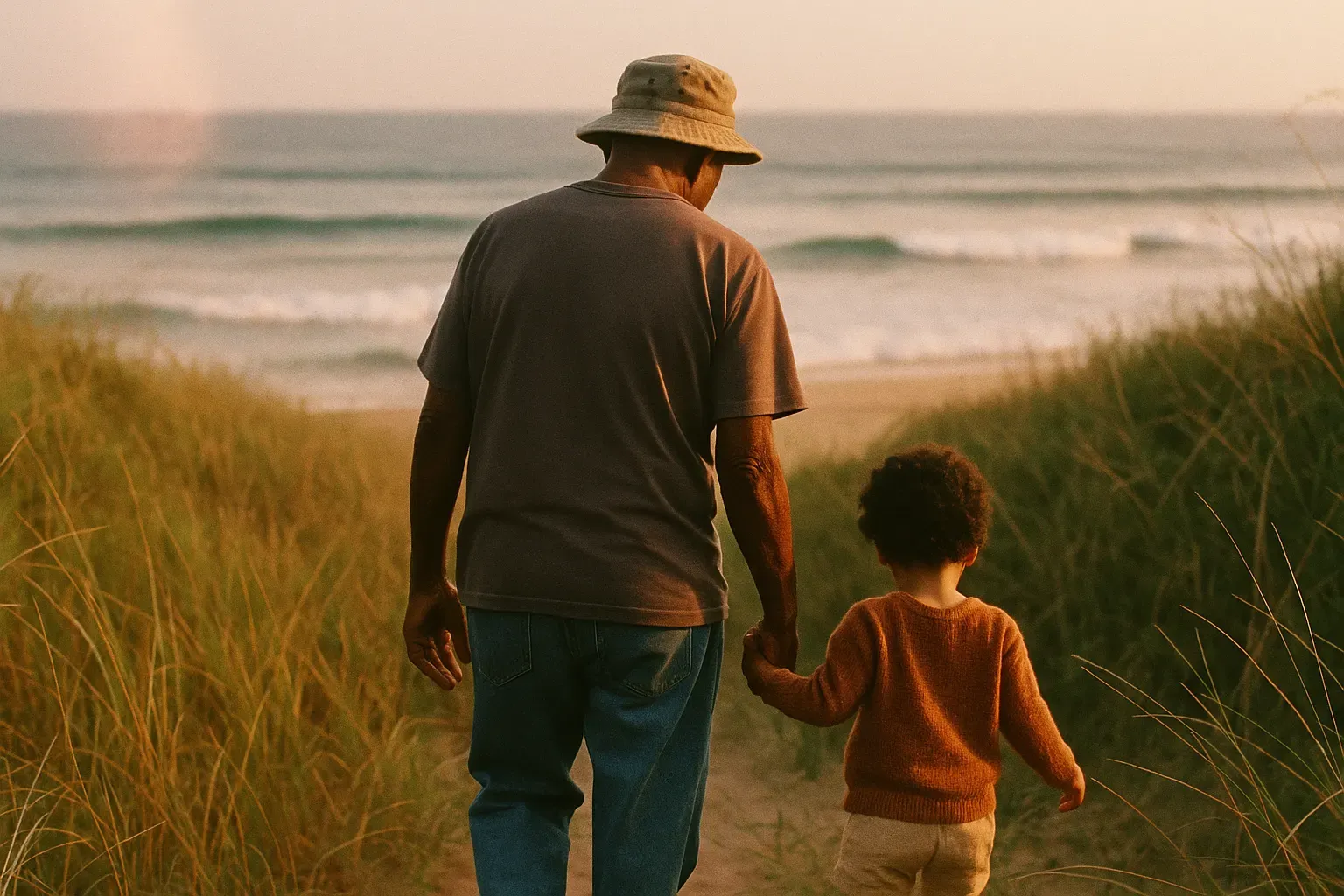 A grandfather and child walking hand in hand through the dunes toward the sea