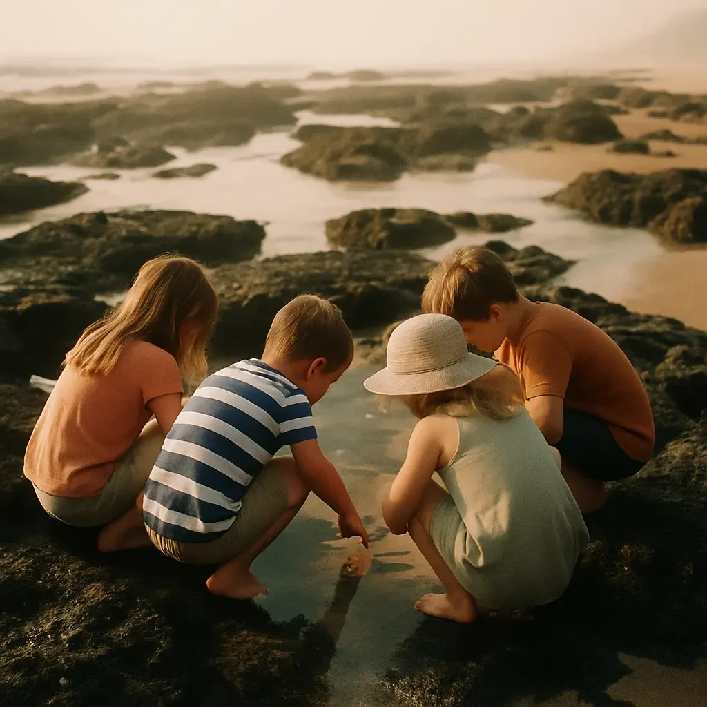 Children crouched at tidal rock pools, discovering starfish at low tide