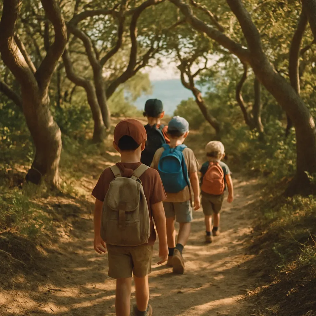 Children walking single file along a coastal forest trail with the ocean below